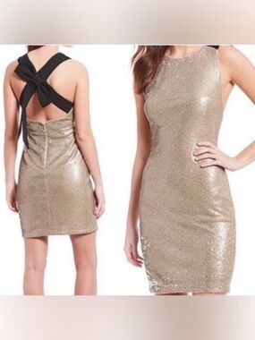 Badgley Mischka Gold Sequin Mini Dress with Black Bow Back NWT